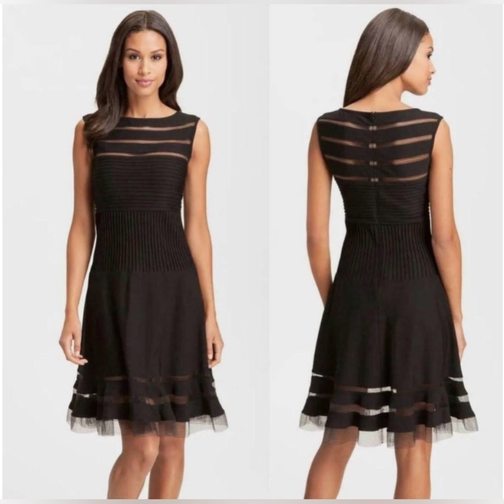 TADASHI SHOJI Designer Mesh Stripe Fit n Flare Illusion Dress Black Size Small